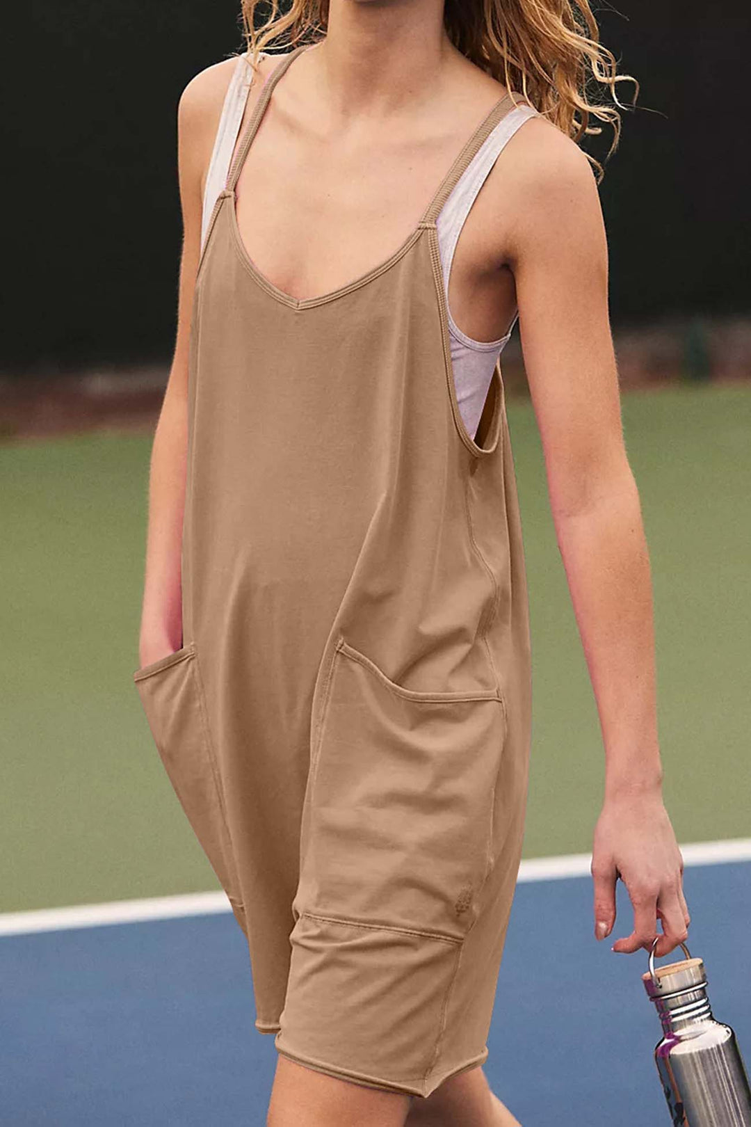 Solid Color V Neck Pocket Cami Rompers Bean Green · L