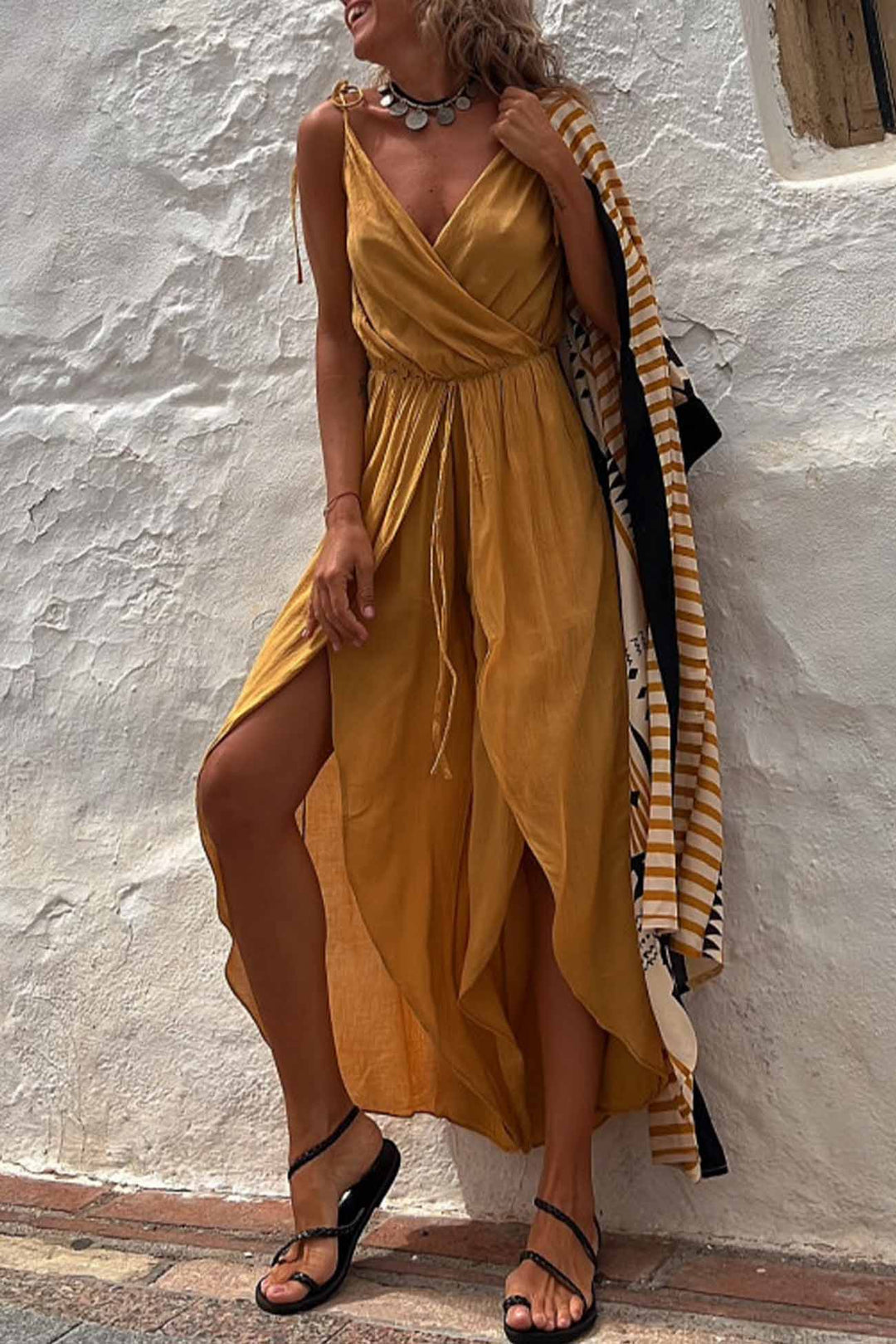 Solid Color V Neck Sleeveless Slit Jumpsuit Caramel · S