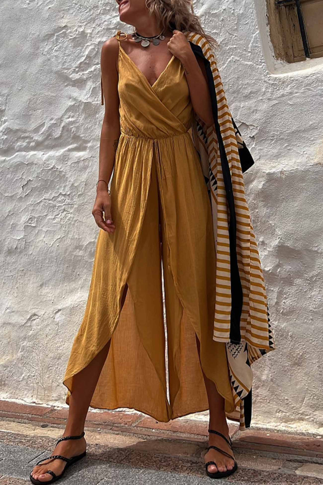 Solid Color V Neck Sleeveless Slit Jumpsuit Caramel · M