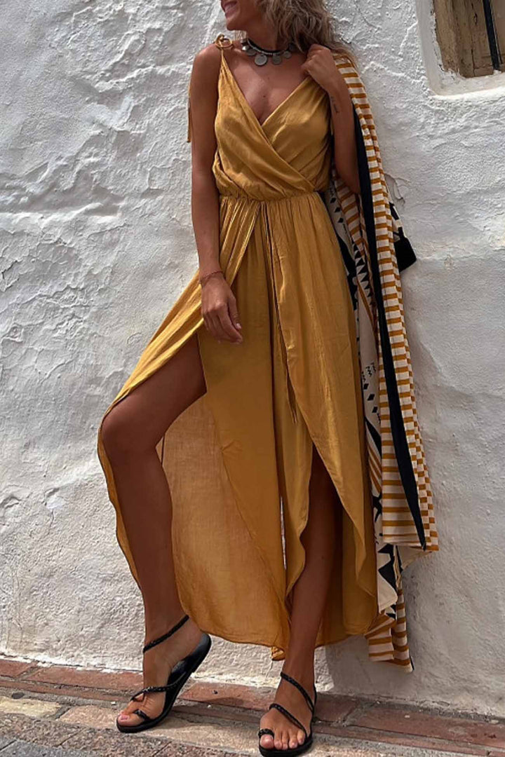Solid Color V Neck Sleeveless Slit Jumpsuit Caramel · XL