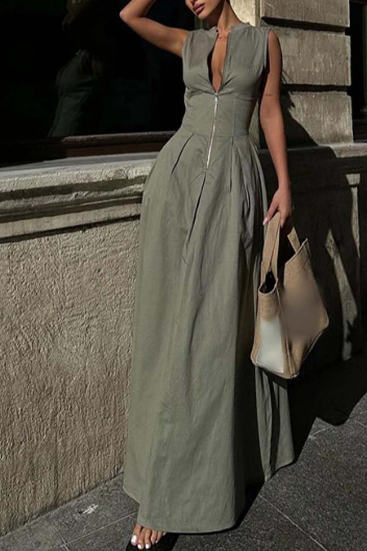 Solid Color Zipper Sleeveless Maxi Dress Green · S