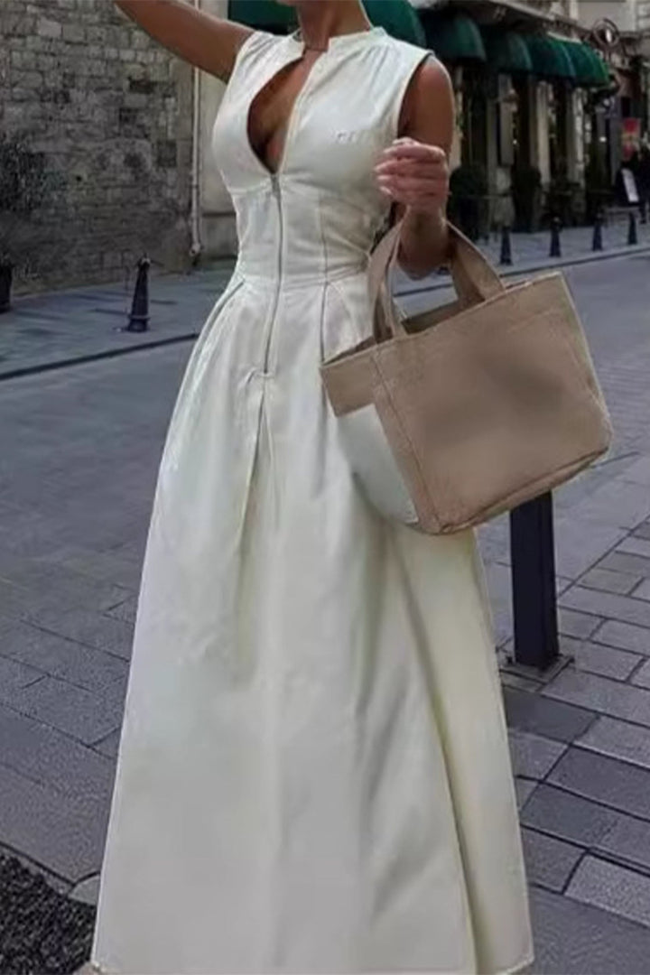 Solid Color Zipper Sleeveless Maxi Dress Beige · S