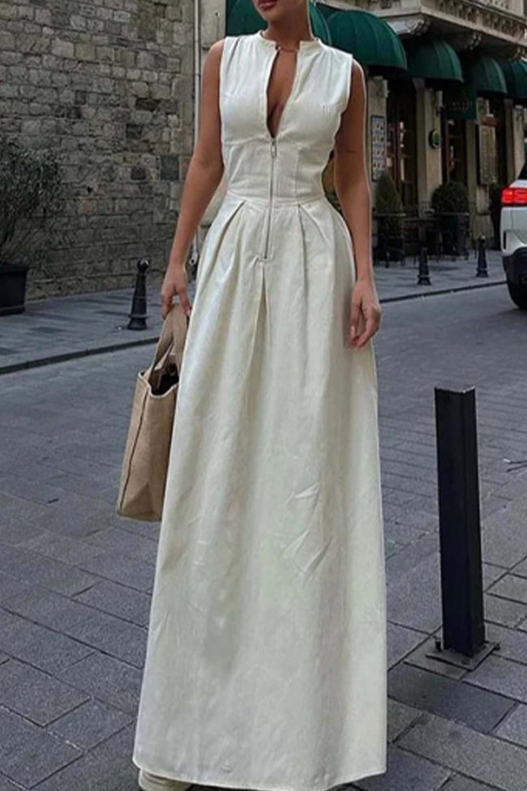 Solid Color Zipper Sleeveless Maxi Dress Beige · M