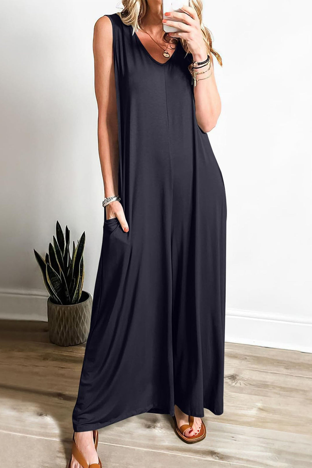 Solid V Neck Pocket Wide Leg Jumpsuits Brown · M