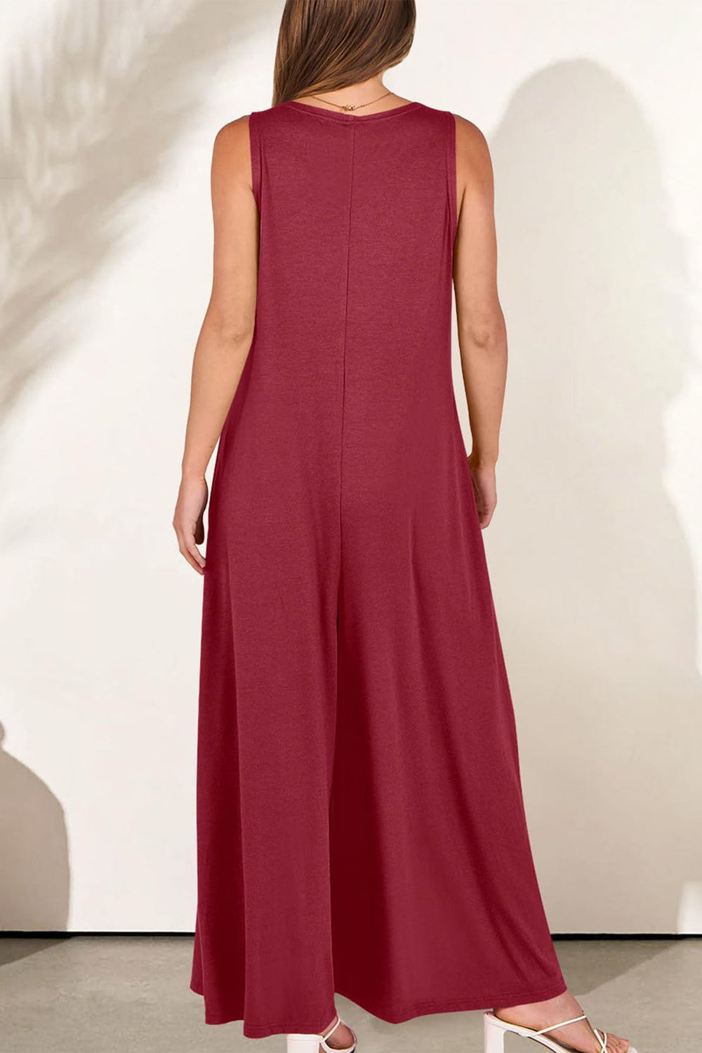 Solid V Neck Pocket Wide Leg Jumpsuits Wine Red · M