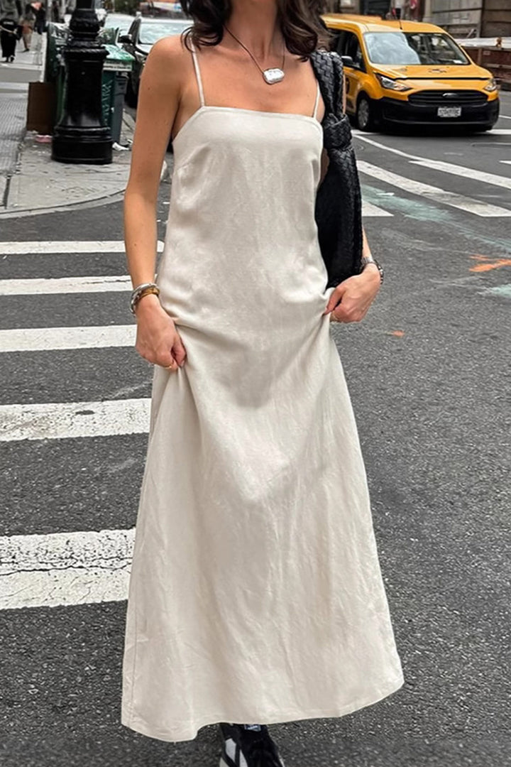 Spaghetti Straps A-line Cotton Linen Dress Khaki · S