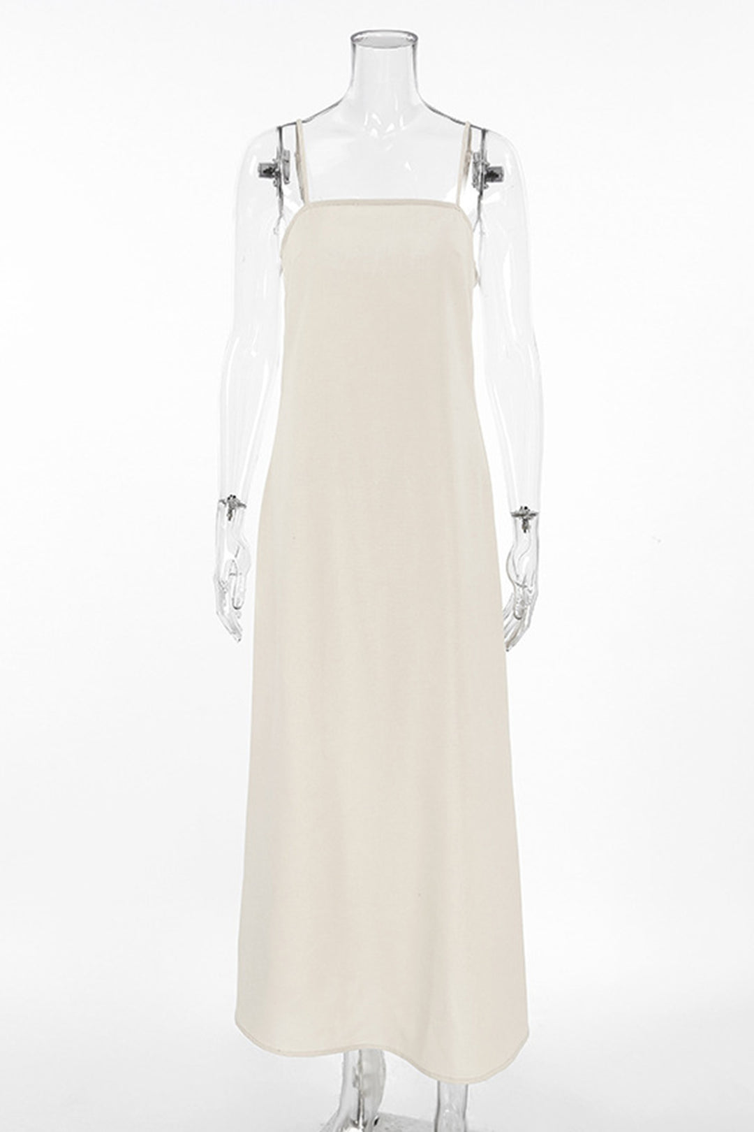 Spaghetti Straps A-line Cotton Linen Dress Khaki · L