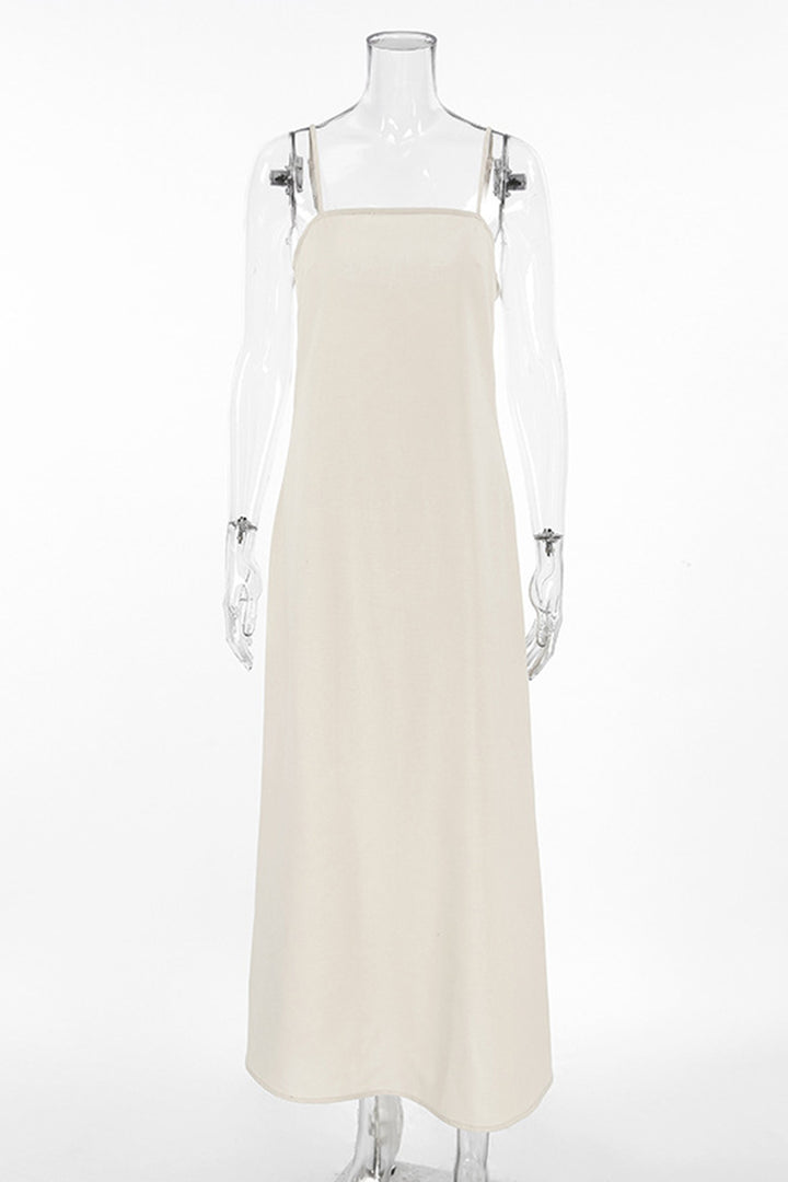 Spaghetti Straps A-line Cotton Linen Dress Khaki · L