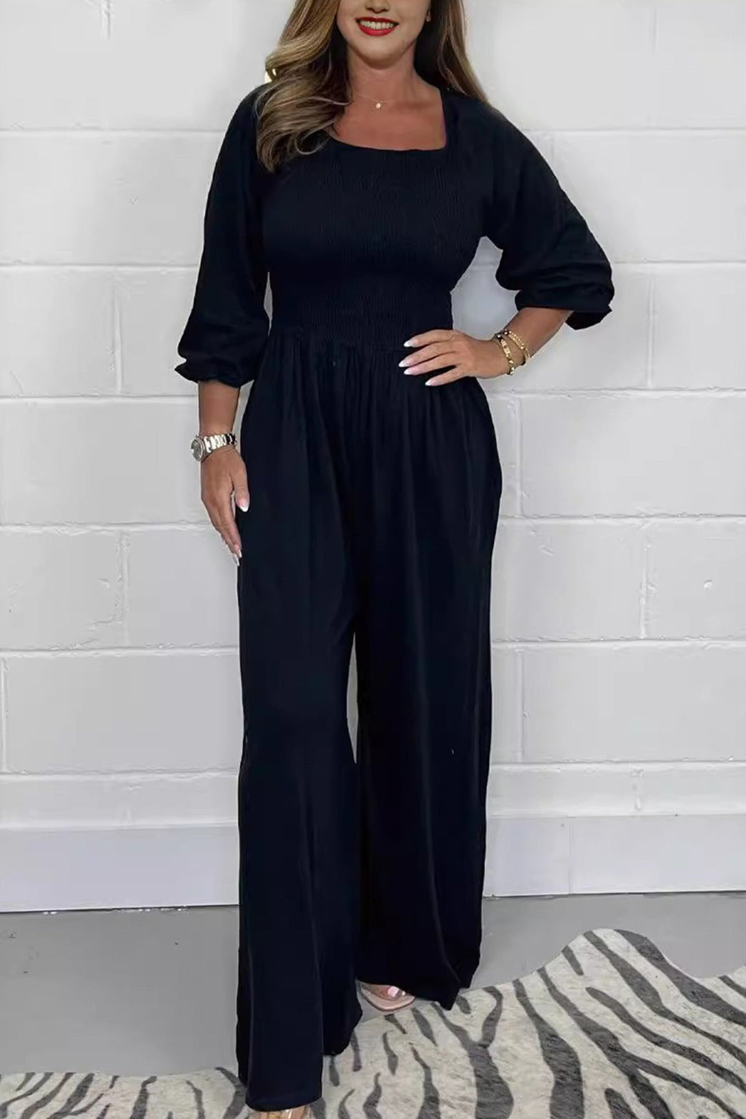 Square Neck Smocked Jumpsuits Army Green · L