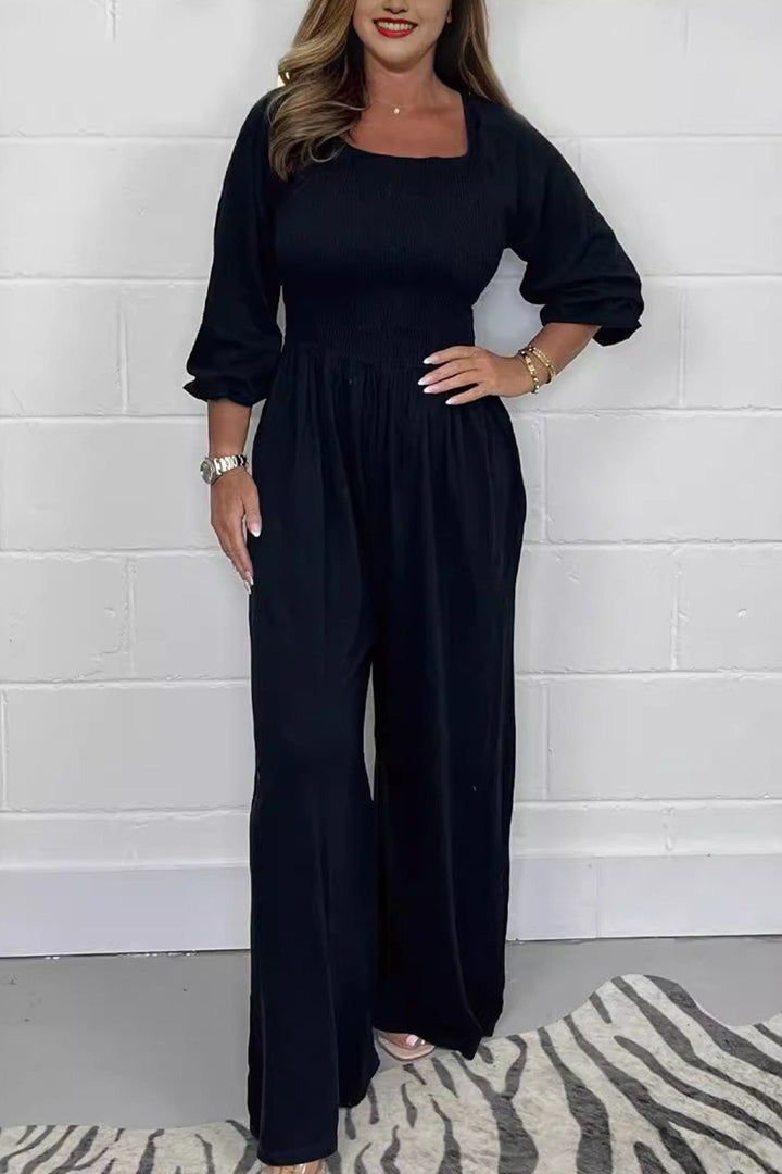 Square Neck Smocked Jumpsuits Army Green · L