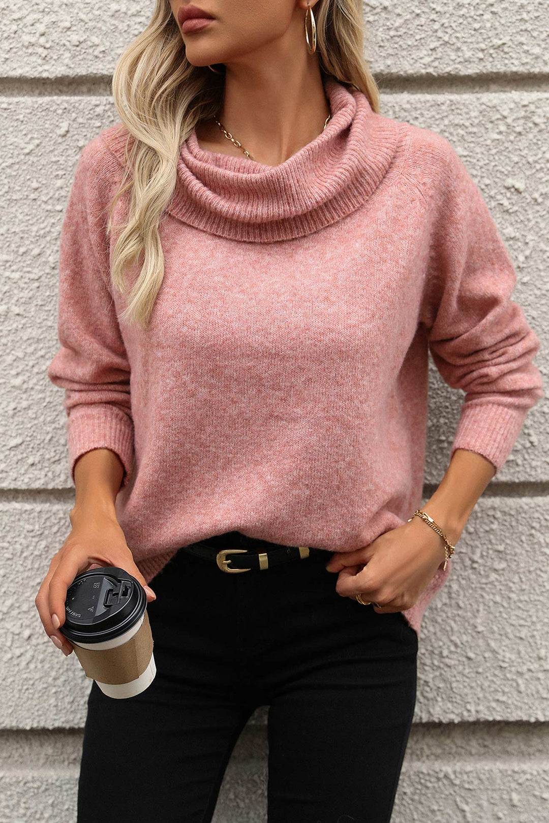 Stacked Collar Solid Pullover Sweater Pink · L