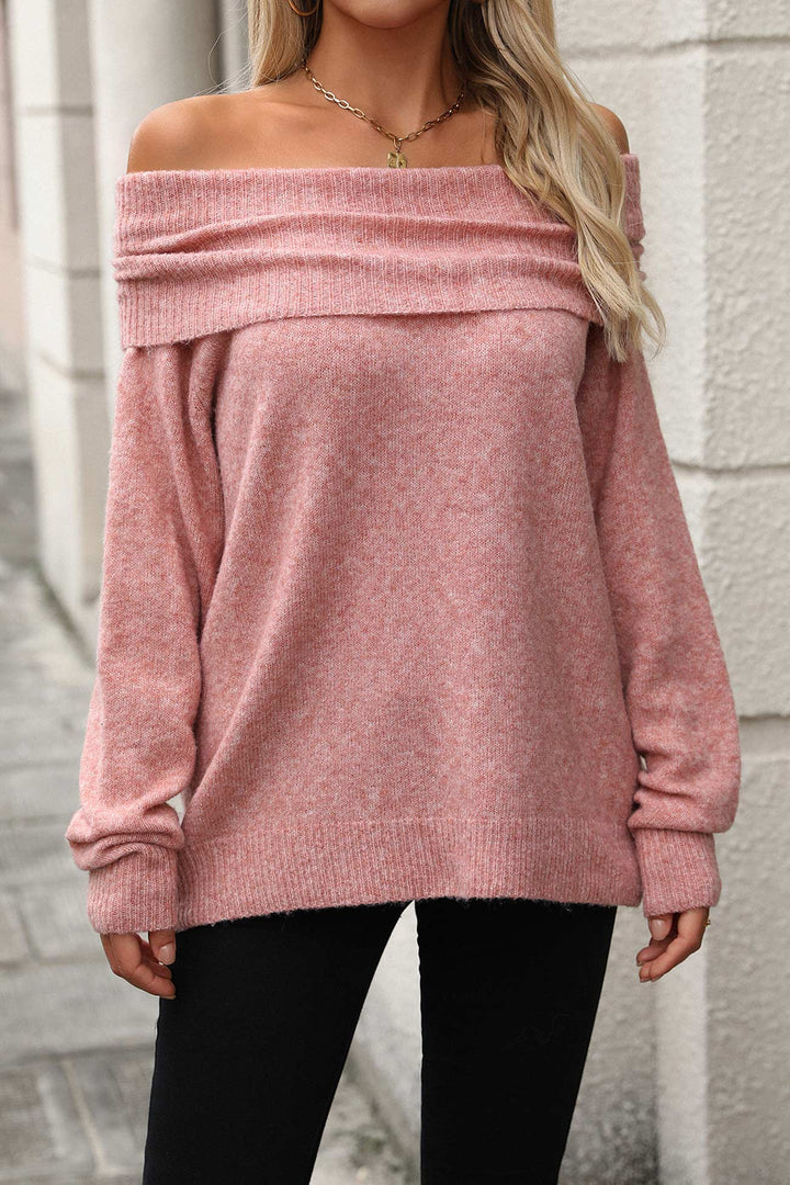 Stacked Collar Solid Pullover Sweater Pink · XL