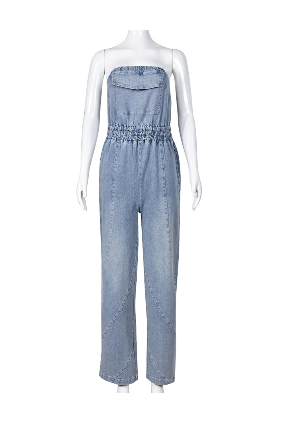 Strapless Elastic Waist Denim Jumpsuits Blue · M