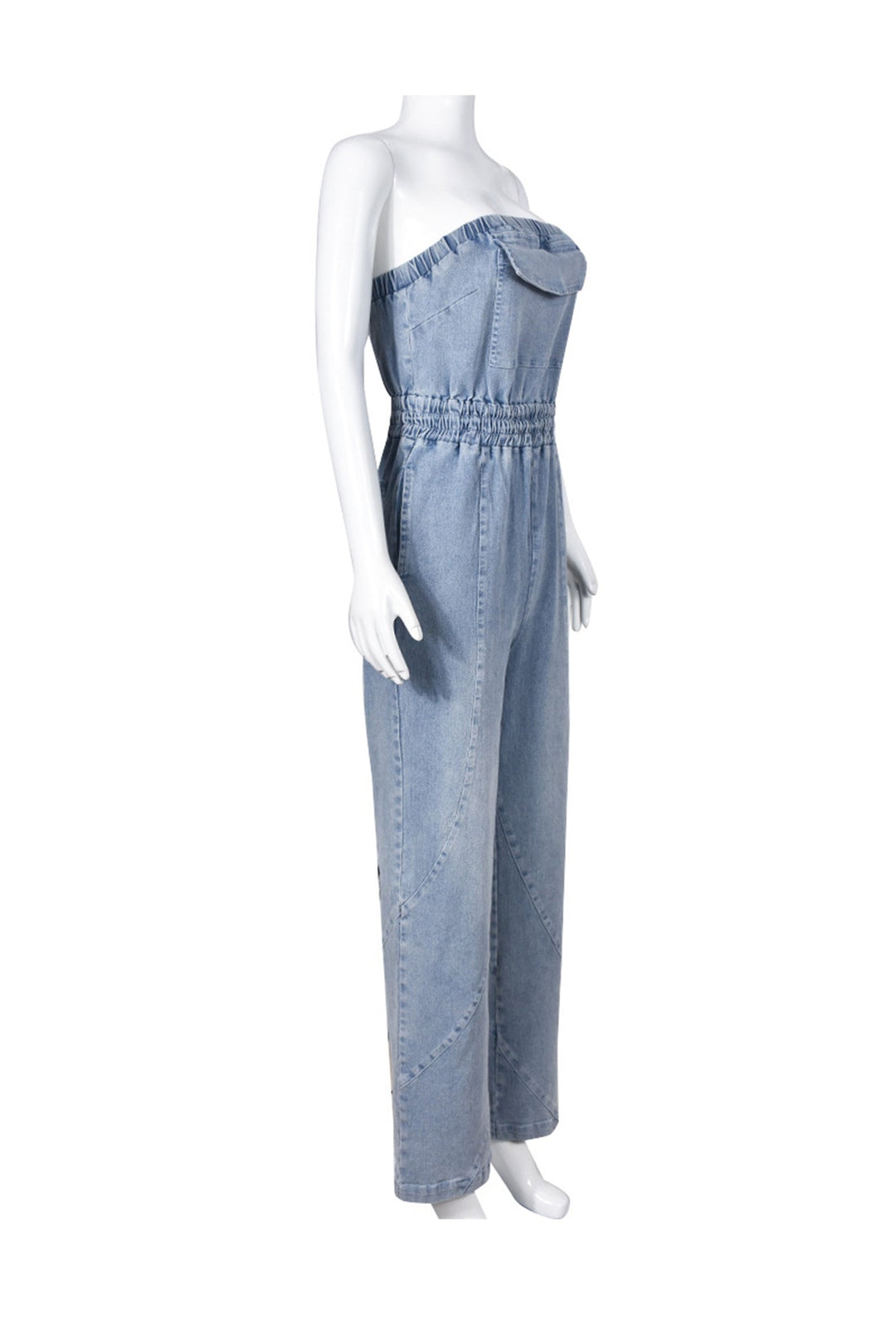 Strapless Elastic Waist Denim Jumpsuits Blue · L