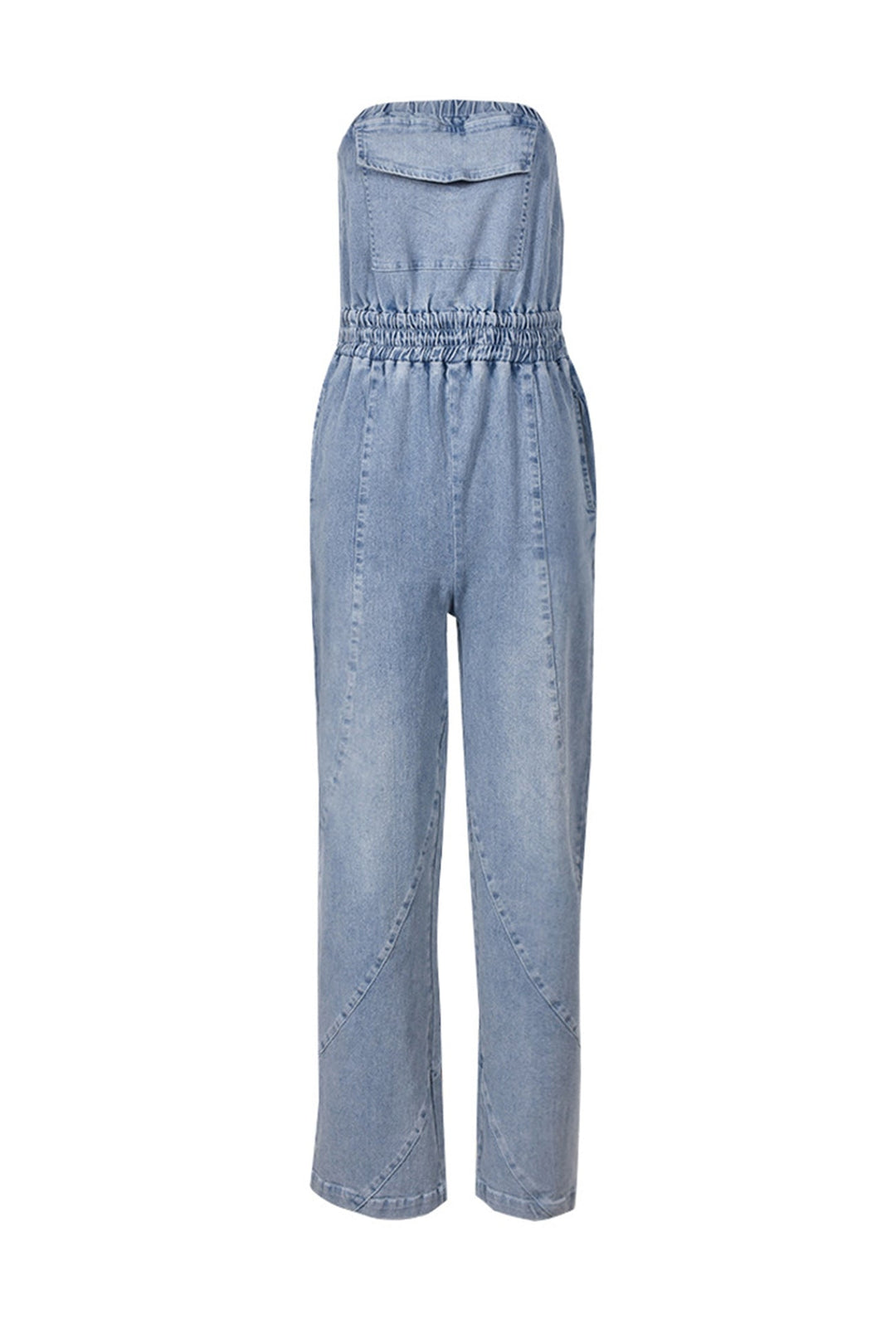 Strapless Elastic Waist Denim Jumpsuits Blue · S