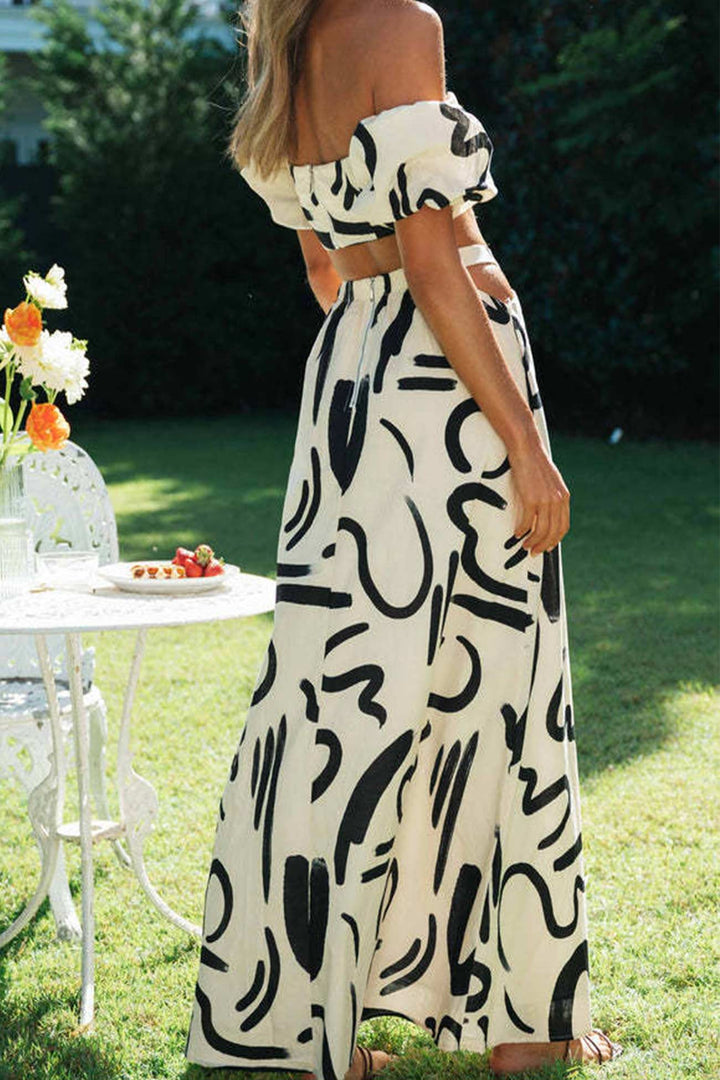 Strapless Puff Sleeve Crop Tops & Skirts Beige · L