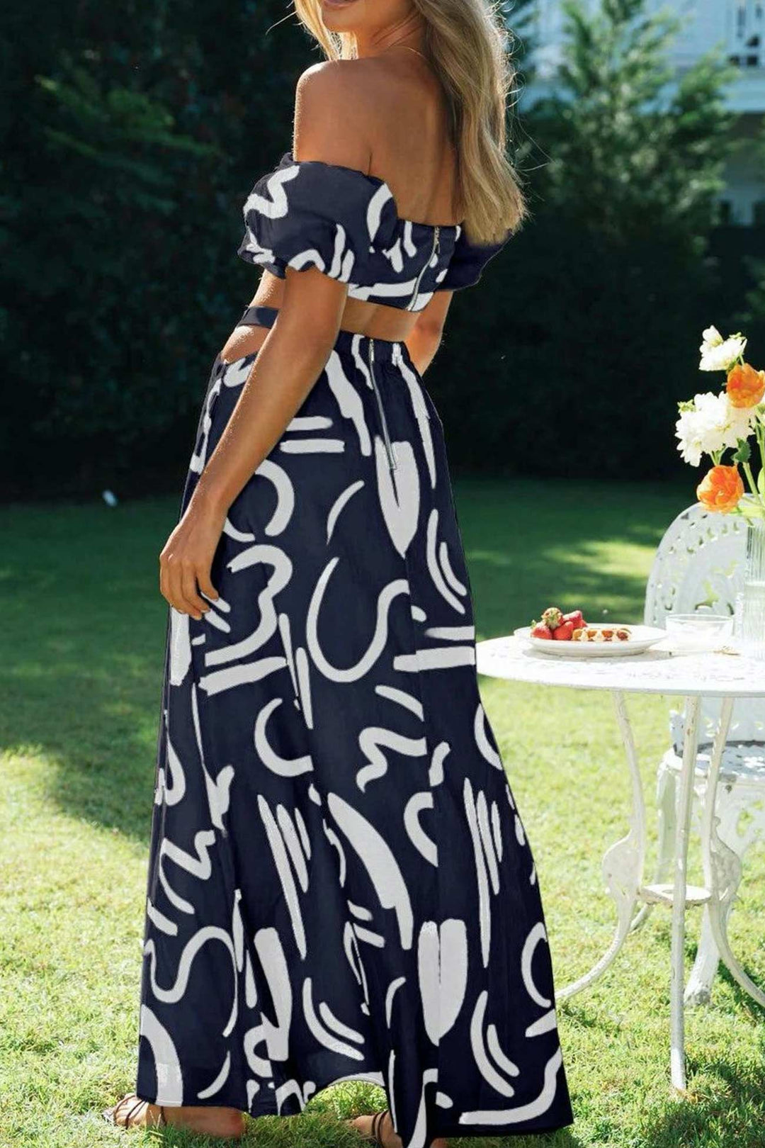 Strapless Puff Sleeve Crop Tops & Skirts Navy Blue · M