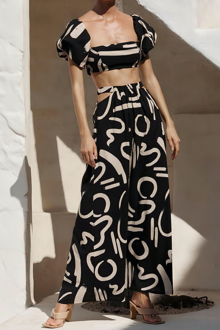 Strapless Puff Sleeve Crop Tops & Skirts Black · M