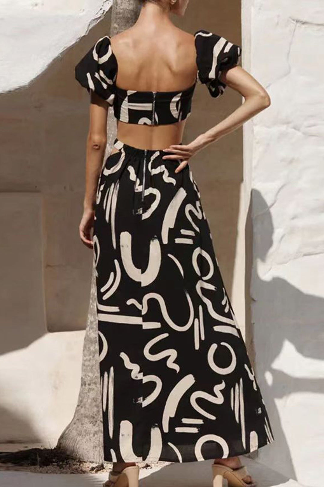 Strapless Puff Sleeve Crop Tops & Skirts Black · L