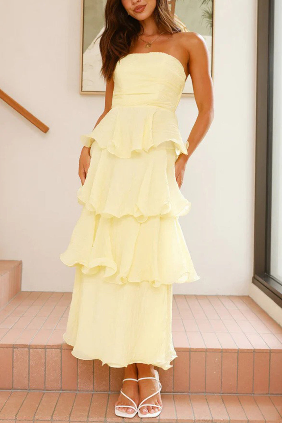 Strapless Sweet Chiffon Tiered Dress Yellow · L