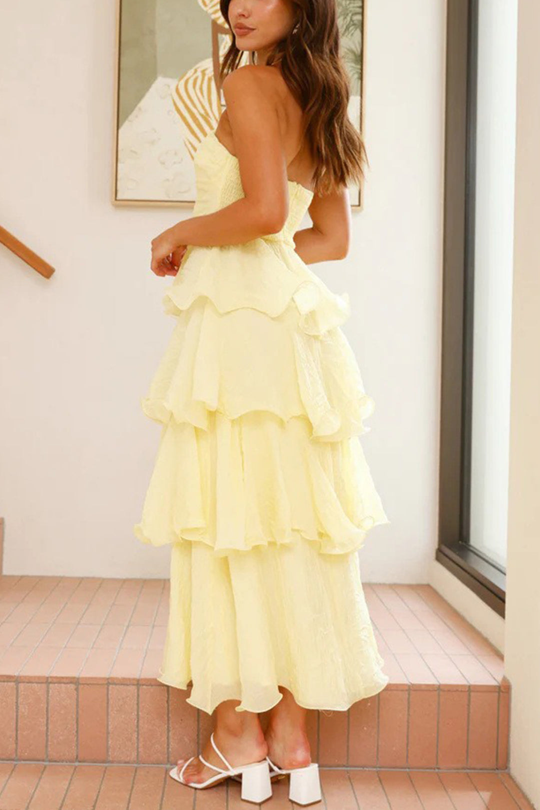 Strapless Sweet Chiffon Tiered Dress Yellow · XL