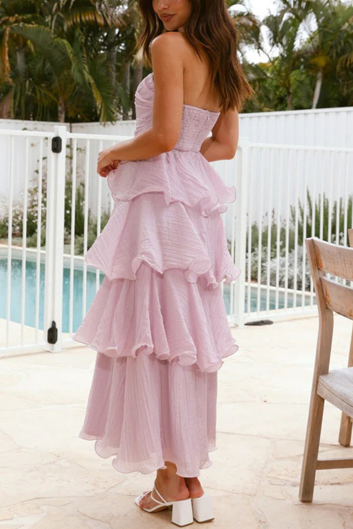 Strapless Sweet Chiffon Tiered Dress Pink · M