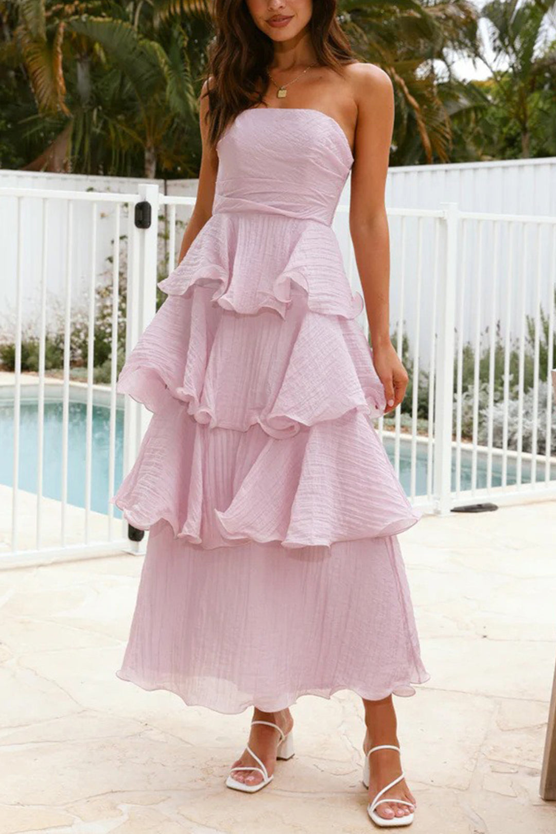 Strapless Sweet Chiffon Tiered Dress Pink · S