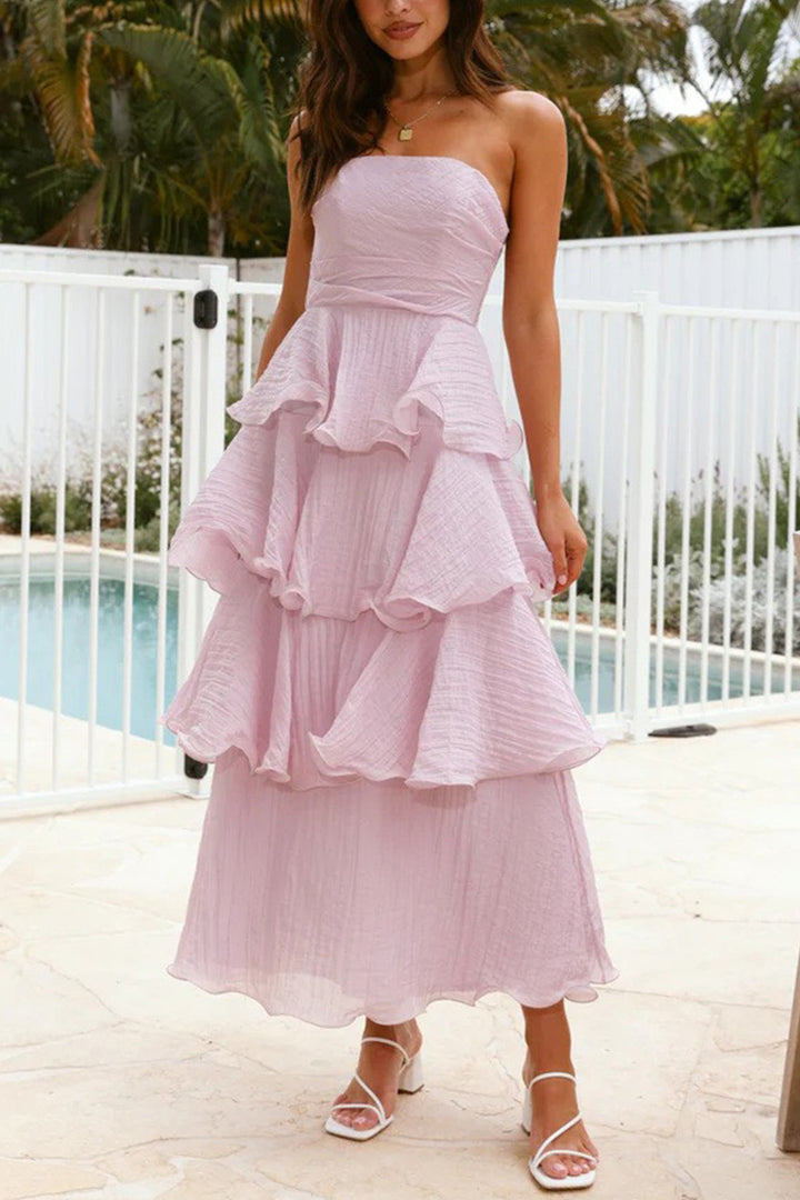 Strapless Sweet Chiffon Tiered Dress Pink · S