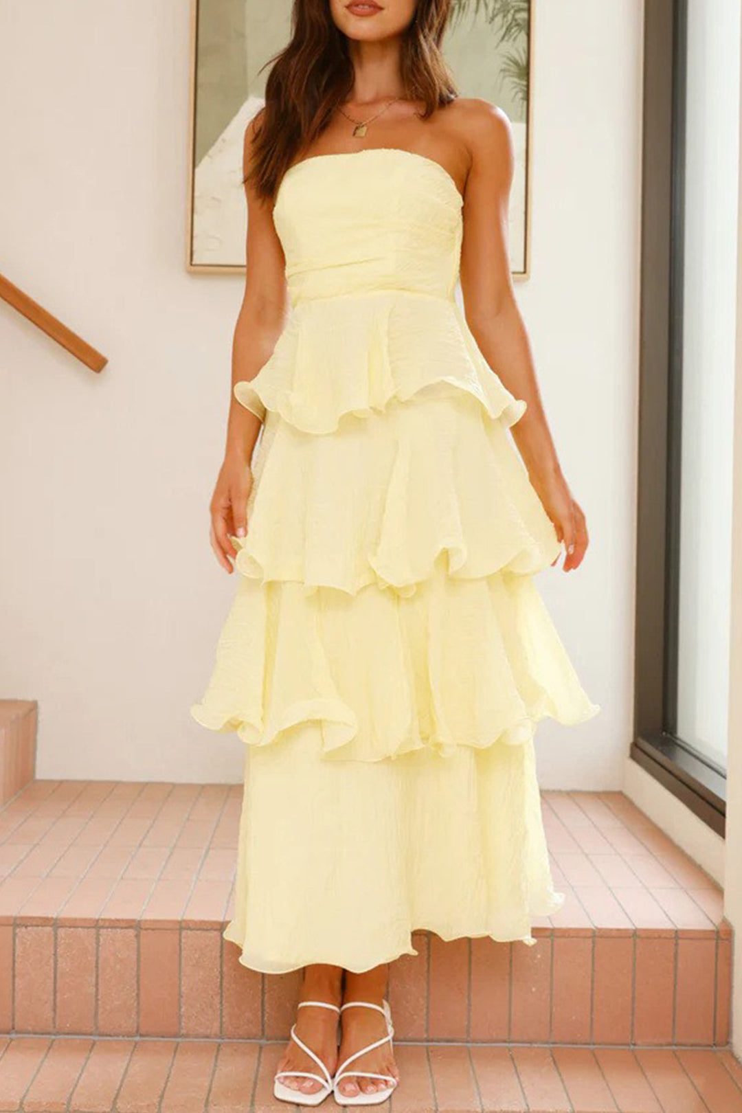Strapless Sweet Chiffon Tiered Dress Green · M