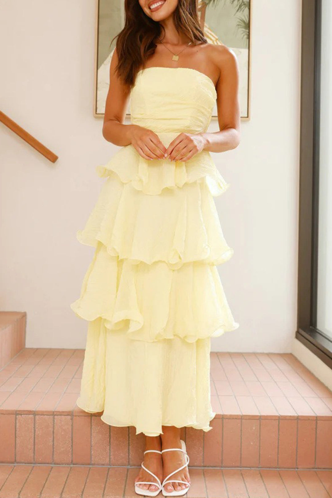 Strapless Sweet Chiffon Tiered Dress Green · S