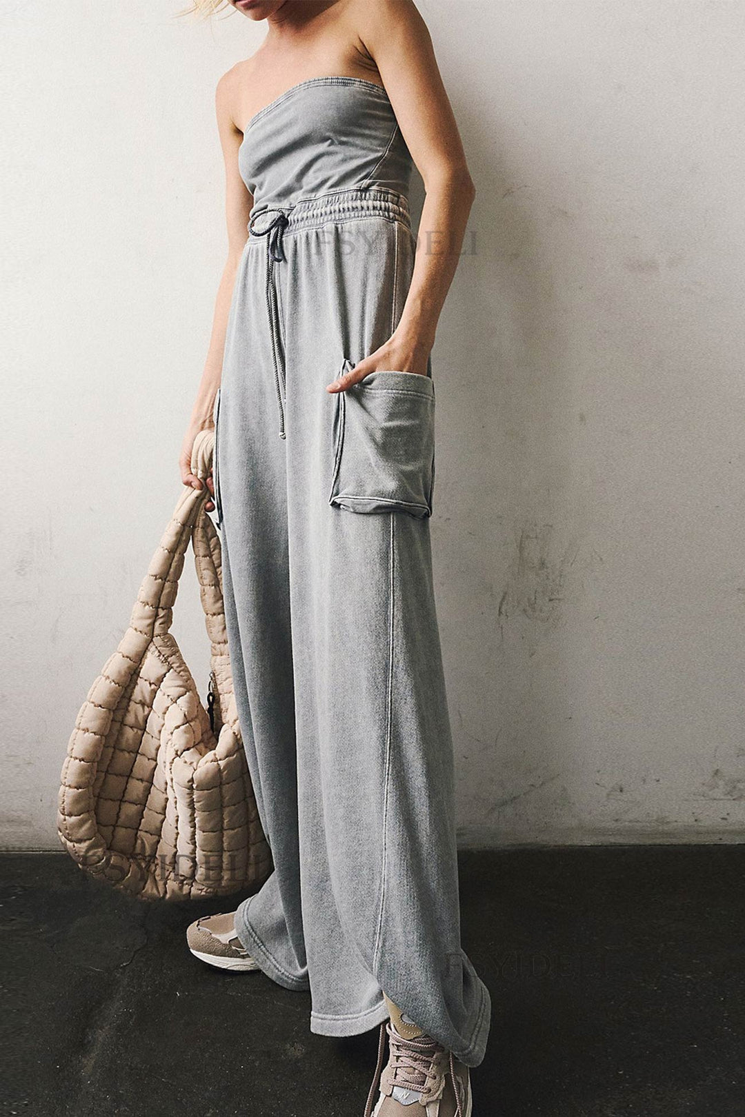 Strapless Tie-waist Pocketed Jumpsuits Grey · S