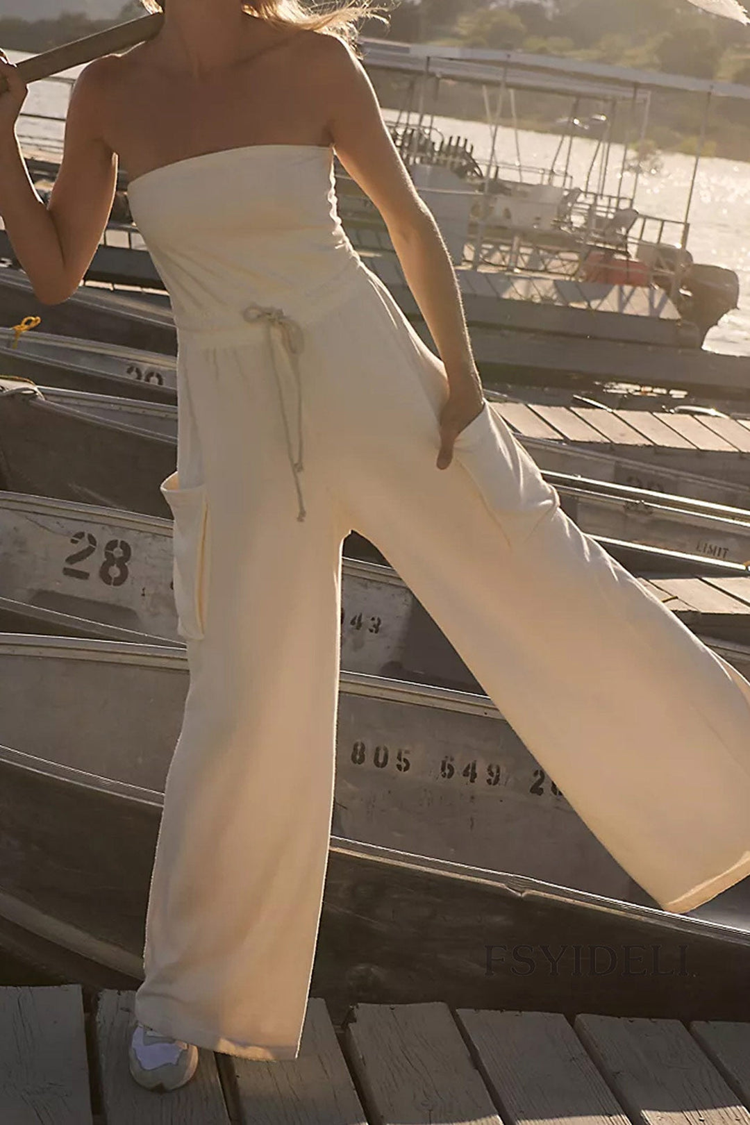 Strapless Tie-waist Pocketed Jumpsuits White · M