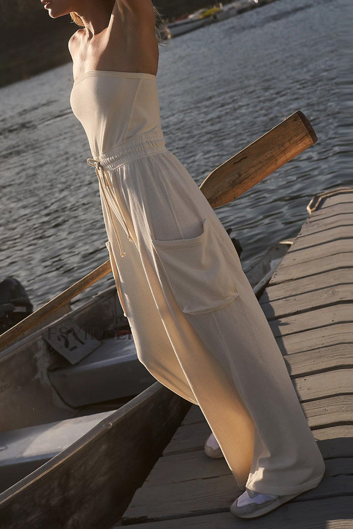 Strapless Tie-waist Pocketed Jumpsuits White · S