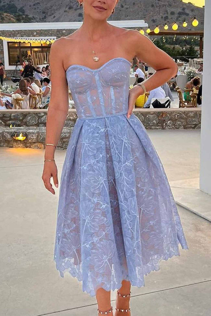 Strapless Embroidered Lace Midi Dress Blue · S