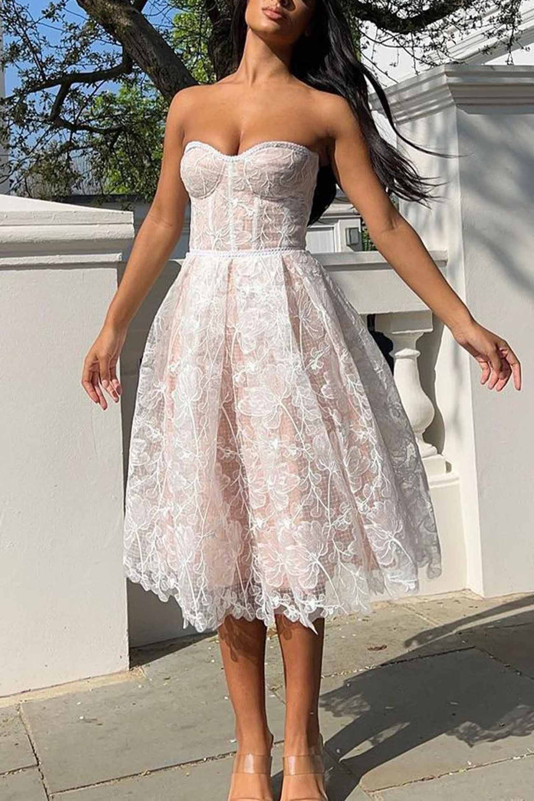 Strapless Embroidered Lace Midi Dress White · S