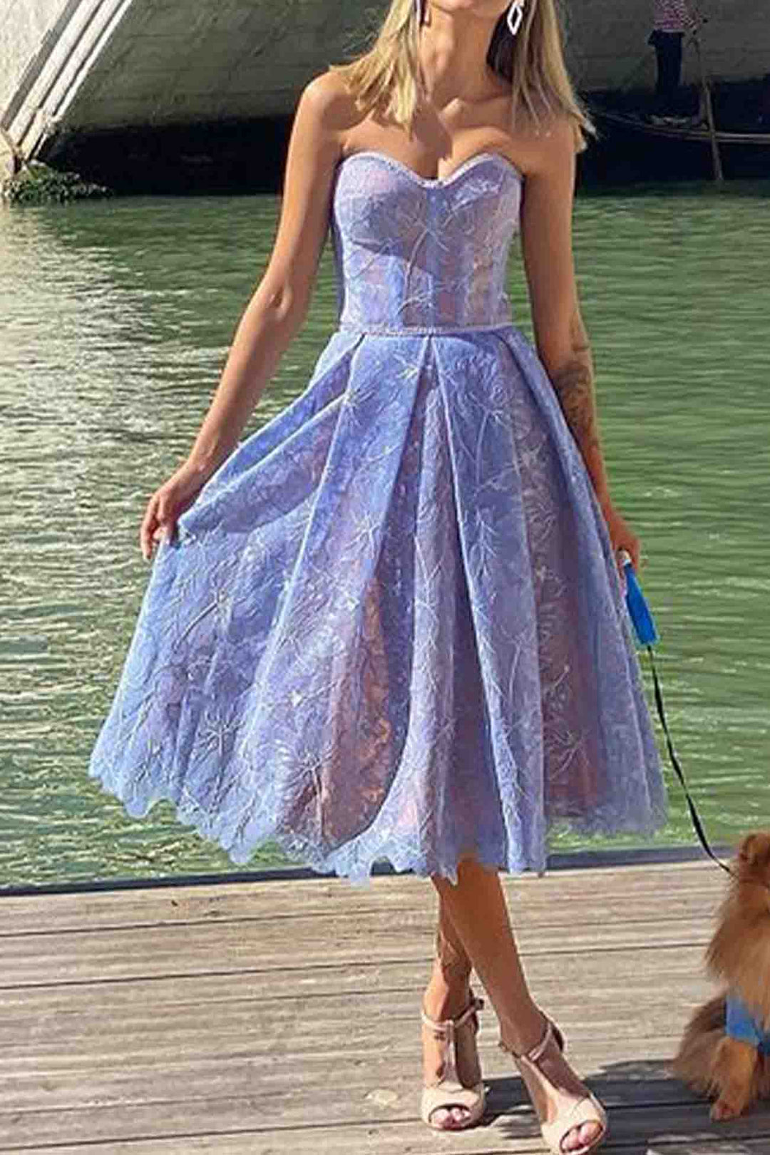 Strapless Embroidered Lace Midi Dress Blue · M