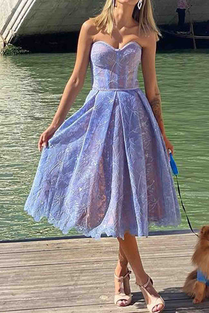 Strapless Embroidered Lace Midi Dress Blue · M