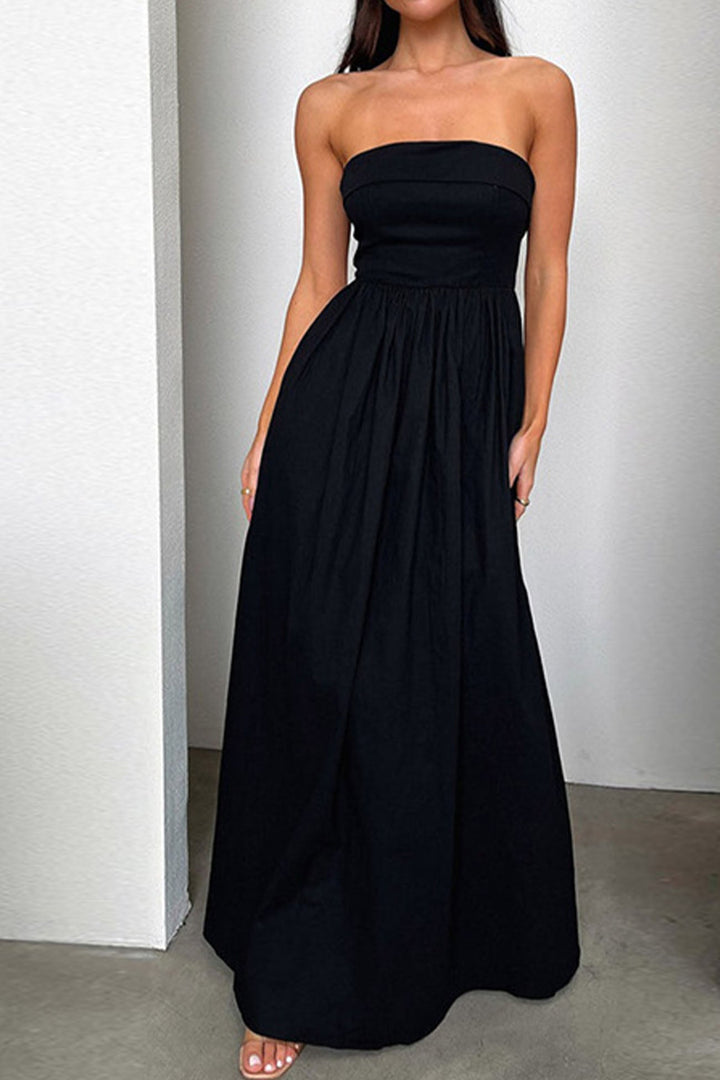 Strapless Pleated Back Shirred Maxi Dress Black · S