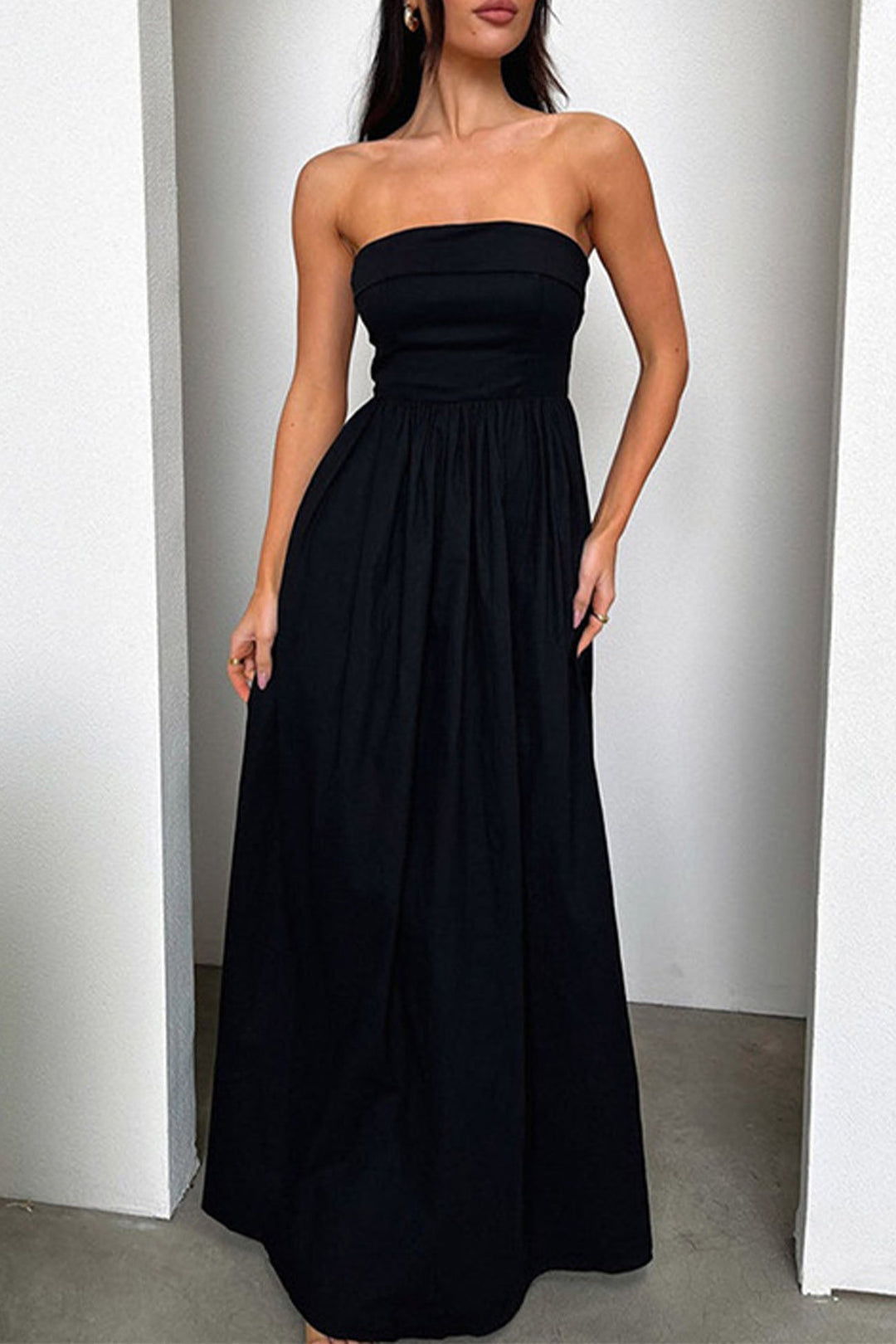 Strapless Pleated Back Shirred Maxi Dress Black · M