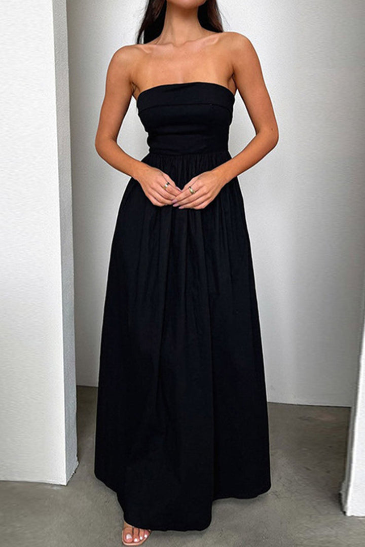 Strapless Pleated Back Shirred Maxi Dress Black · L