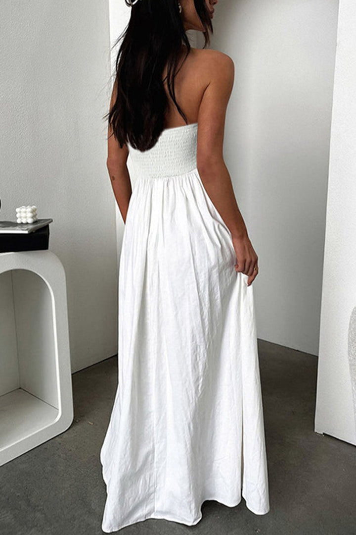 Strapless Pleated Back Shirred Maxi Dress White · L