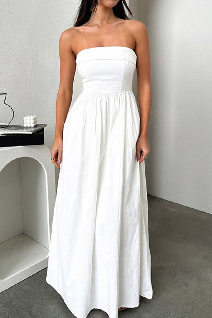 Strapless Pleated Back Shirred Maxi Dress White · M