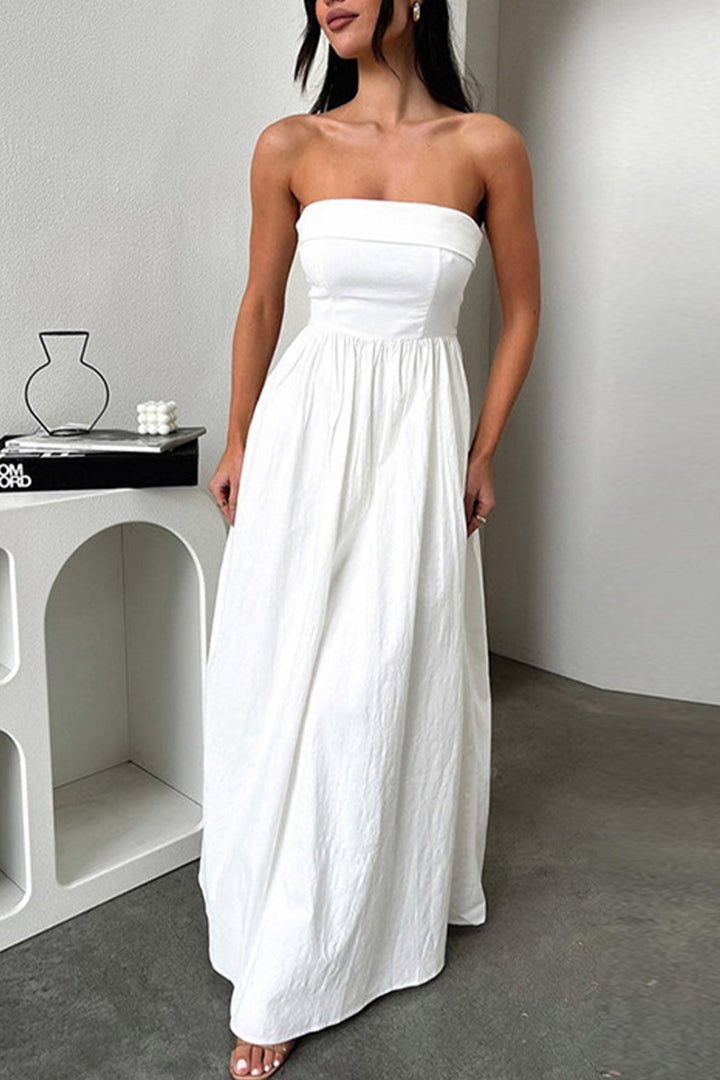 Strapless Pleated Back Shirred Maxi Dress White · S