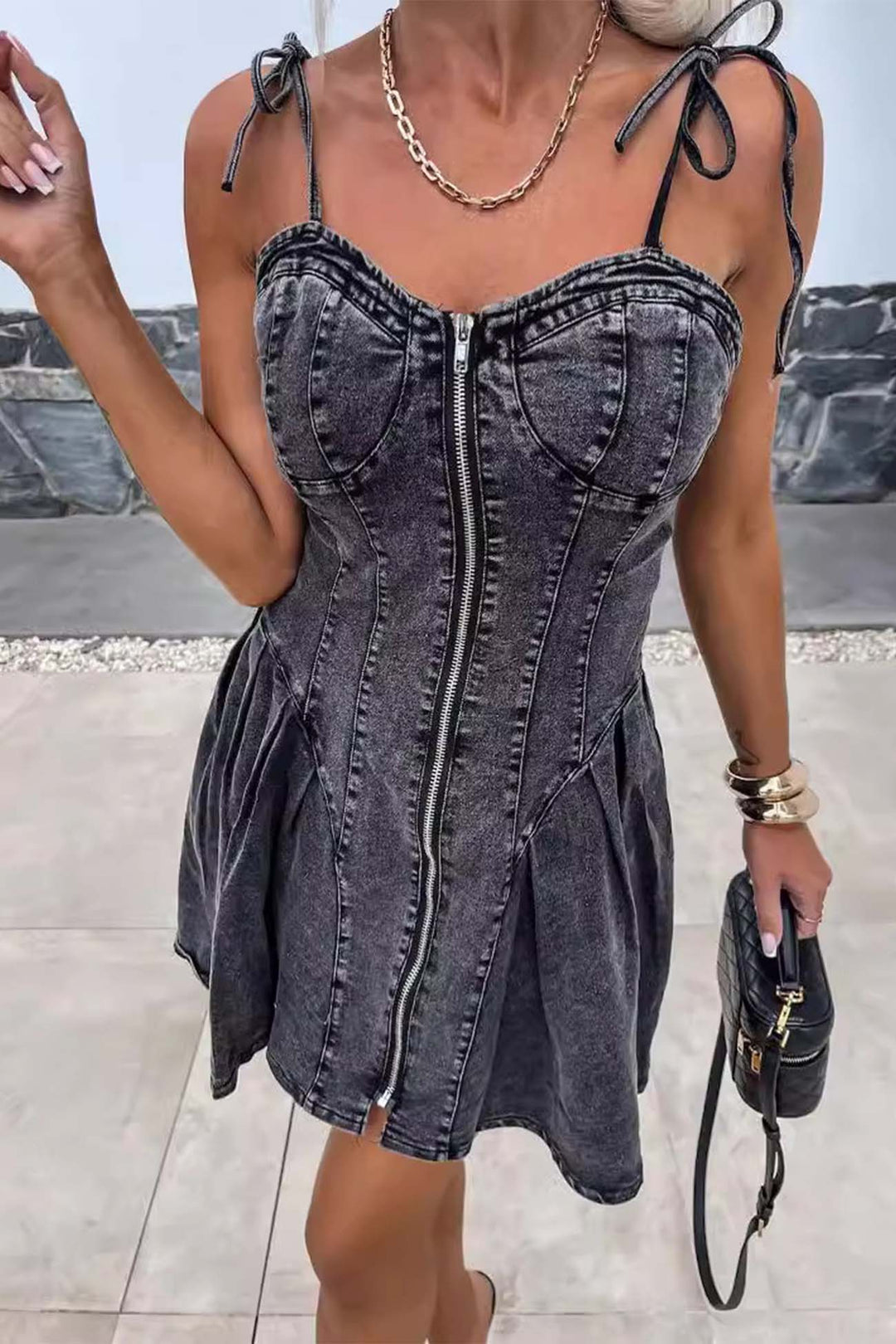 Strappy Zipper A-line Pleated Mini Dress Dark Blue · S