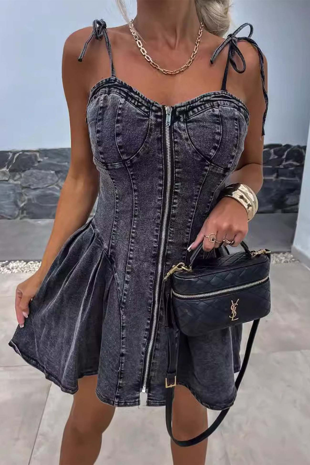Strappy Zipper A-line Pleated Mini Dress Dark Blue · M
