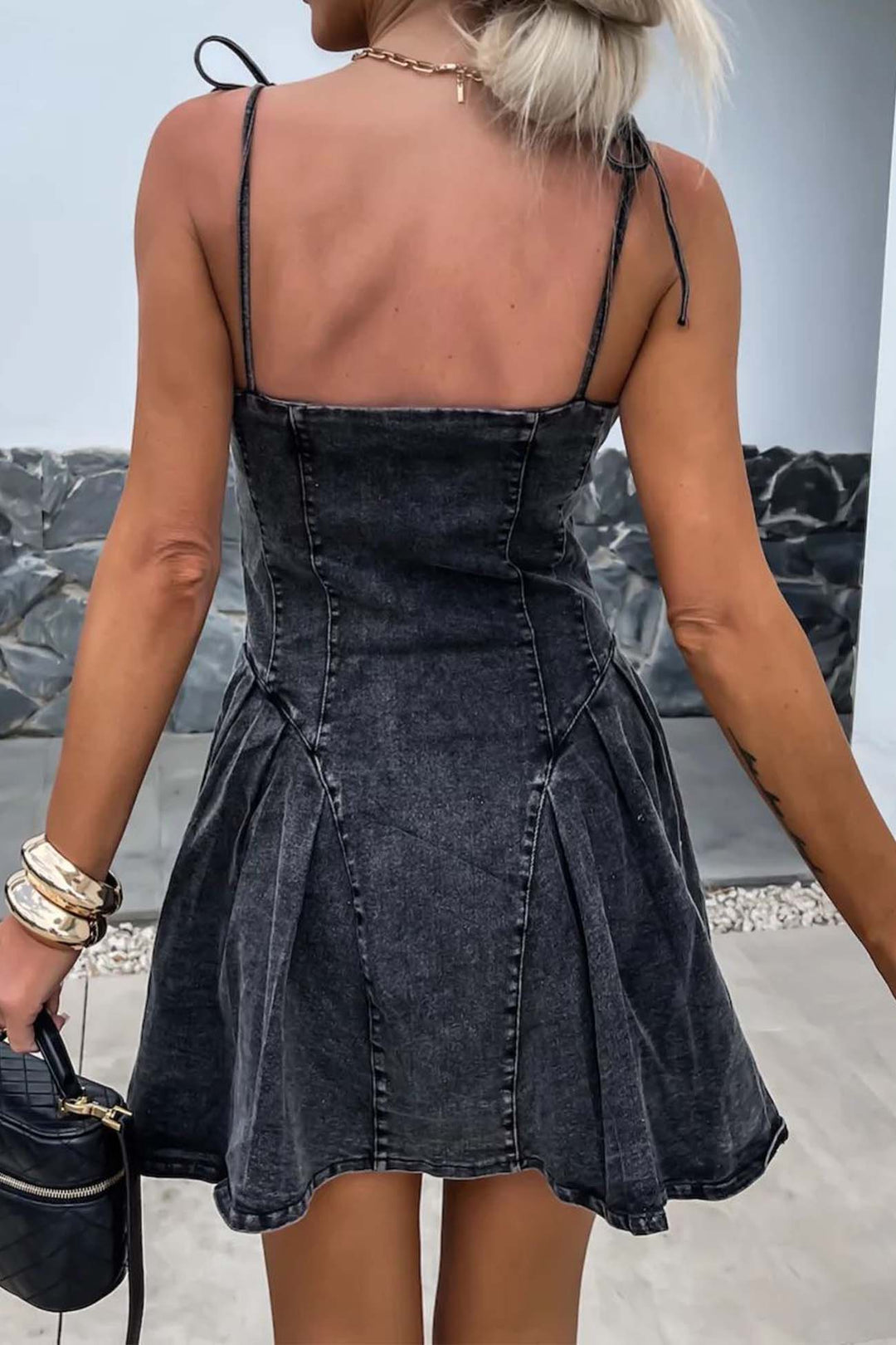 Strappy Zipper A-line Pleated Mini Dress Dark Blue · L