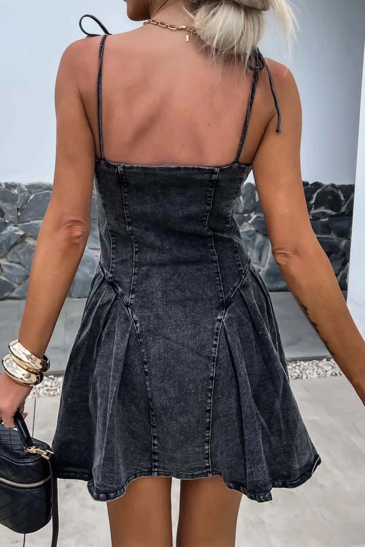 Strappy Zipper A-line Pleated Mini Dress Dark Blue · L