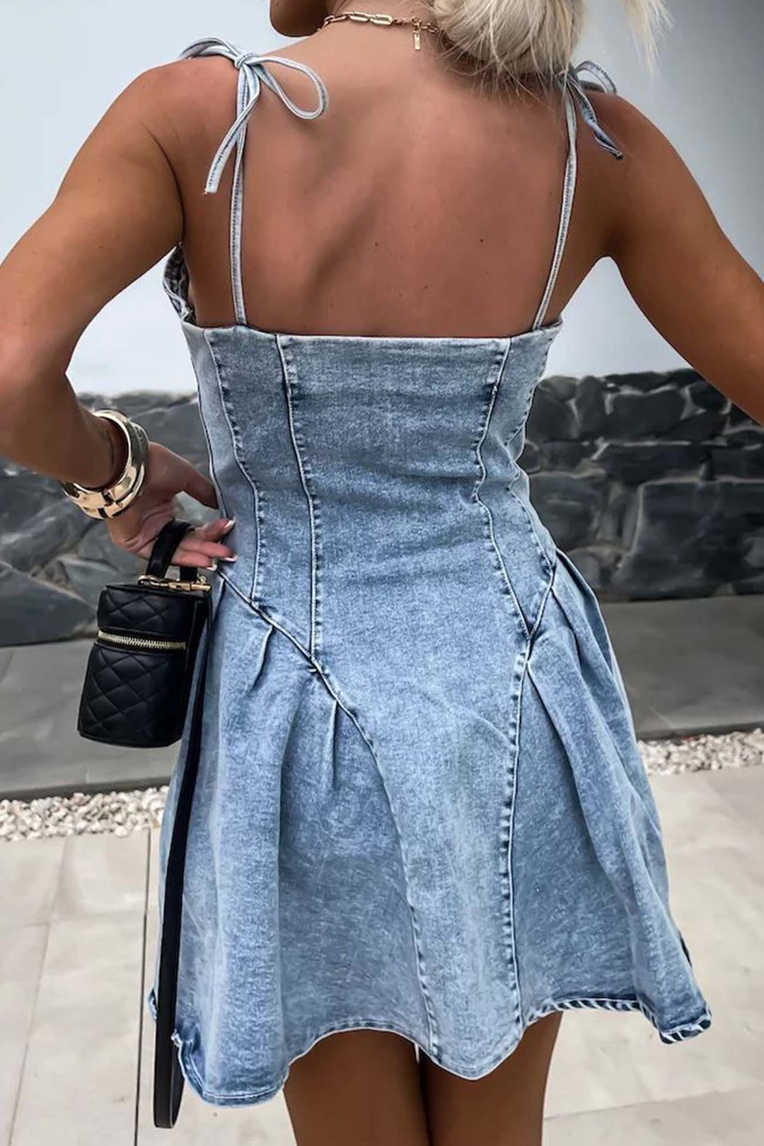 Strappy Zipper A-line Pleated Mini Dress Light Blue · M