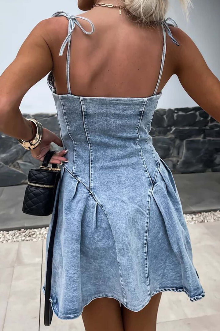 Strappy Zipper A-line Pleated Mini Dress Light Blue · M