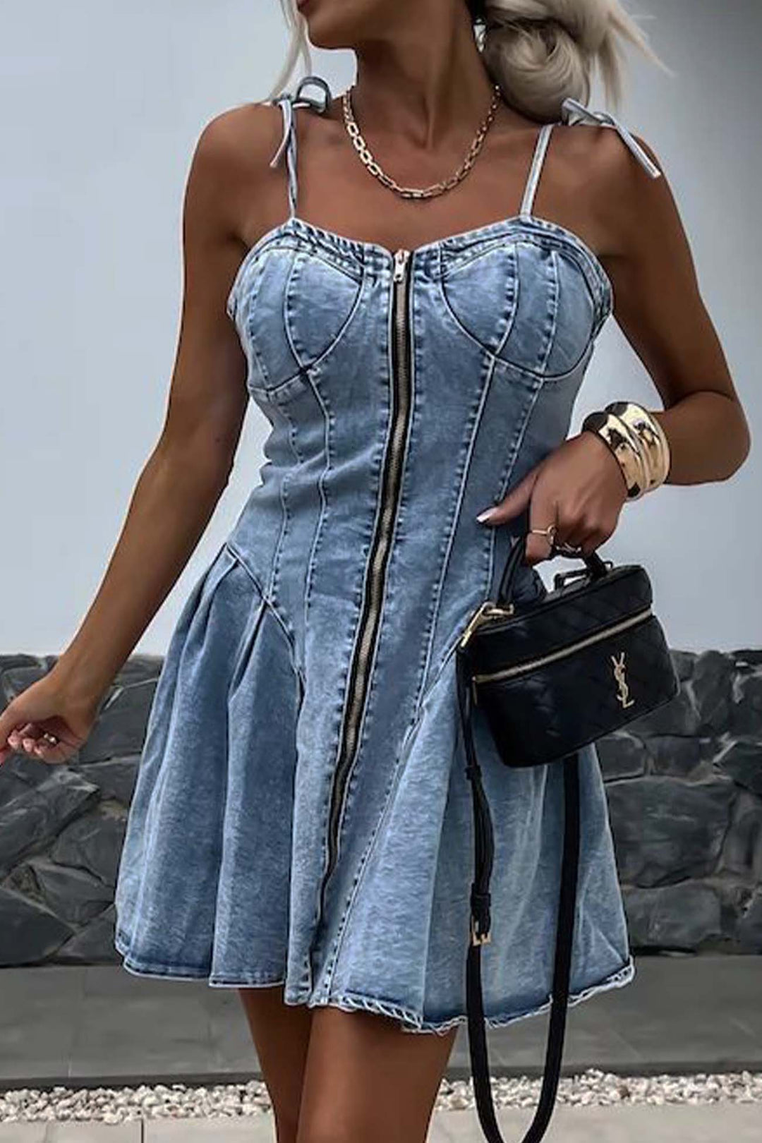 Strappy Zipper A-line Pleated Mini Dress Light Blue · S